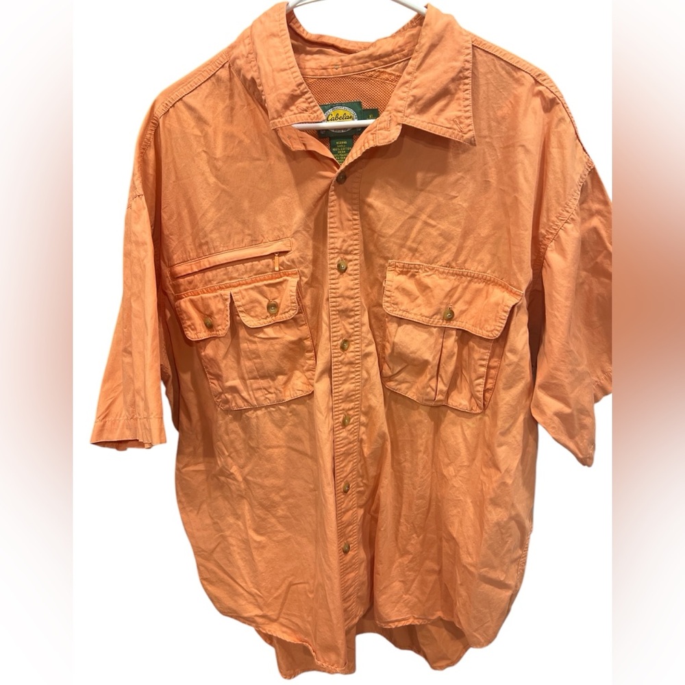 Cabela’s men’s orange short sleeve button down fishing shirt- XL